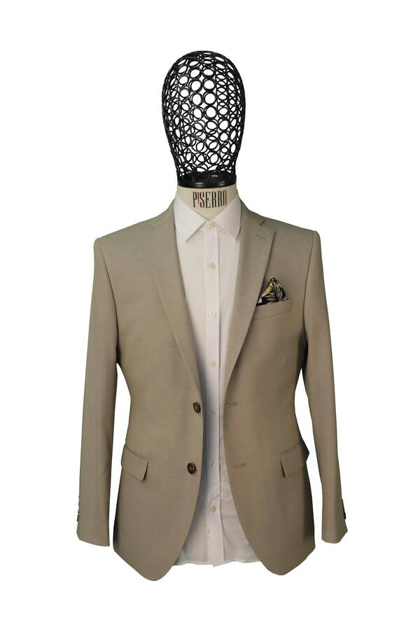 Slim Fit Ketenli Klasik Desenli Bej Rengi Ceket