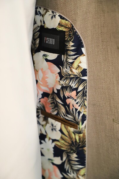 Slim Fit Ketenli Klasik Desenli Bej Rengi Ceket - Thumbnail