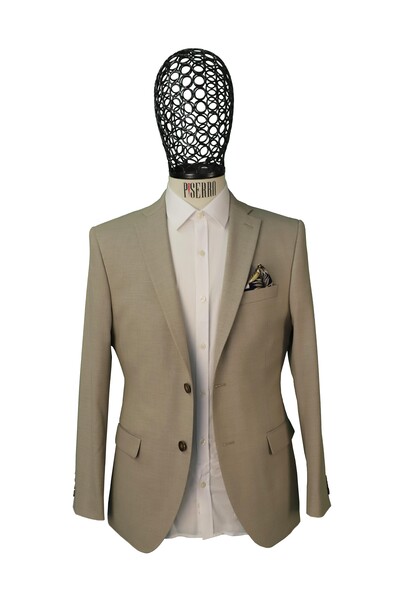 Slim Fit Ketenli Klasik Desenli Bej Rengi Ceket - Thumbnail