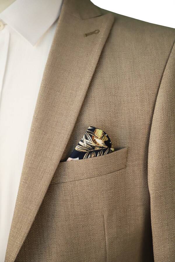 Slim Fit Ketenli Klasik Desenli Bej Rengi Ceket