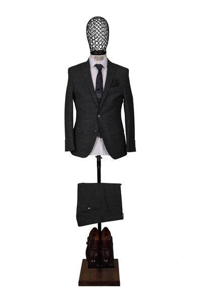Slim Fit Yünlü Gri Takım Elbise - Thumbnail