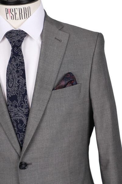 Slim Fit Yünlü Gri Takım Elbise - Thumbnail