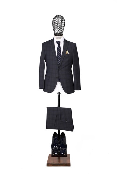 Piserro - Slim Fit Yünlü Kareli Lacivert Takım Elbise