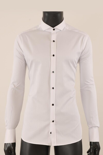 Uzun Kol Slim Fit Damatlık Beyaz Gömlek - Thumbnail