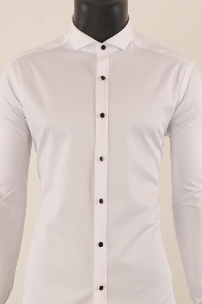 Uzun Kol Slim Fit Damatlık Beyaz Gömlek - Thumbnail