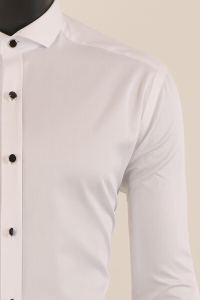 Uzun Kol Slim Fit Damatlık Beyaz Gömlek - Thumbnail
