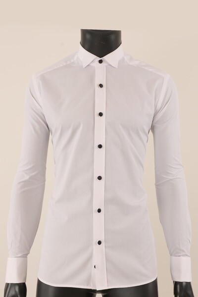 Uzun Kol Slim Fit Damatlık Beyaz Gömlek - Thumbnail