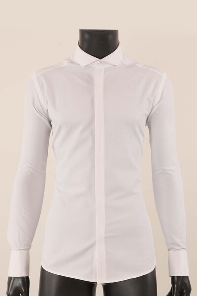 Piserro - Uzun Kol Slim Fit Damatlık Beyaz Gömlek