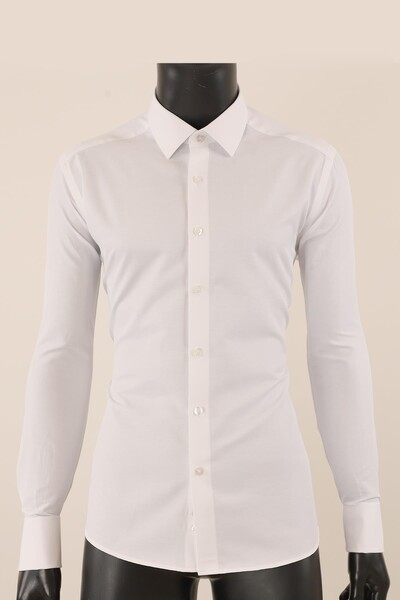 Uzun Kol Slim Fit Damatlık Beyaz Gömlek - Thumbnail