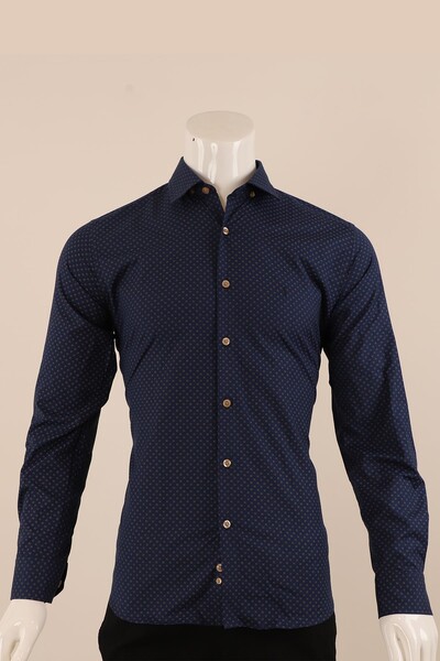 Uzun Kol Slim Fit Desenli Gömlek - Thumbnail