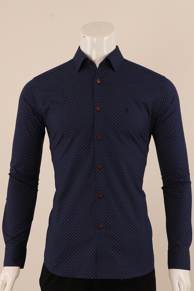 Uzun Kol Slim Fit Desenli Gömlek - Thumbnail