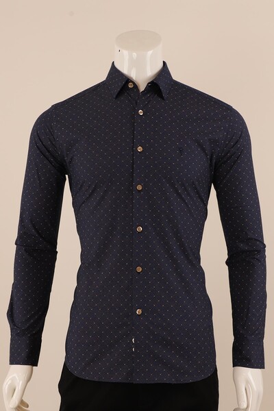 Uzun Kol Slim Fit Desenli Gömlek - Thumbnail