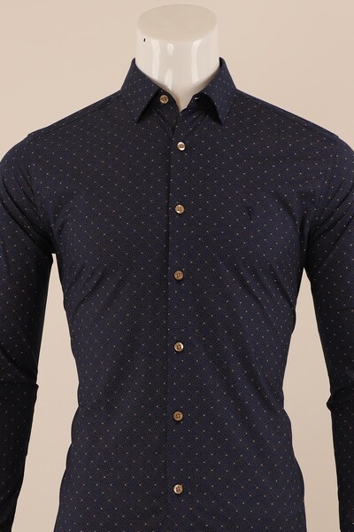 Uzun Kol Slim Fit Desenli Gömlek - Thumbnail