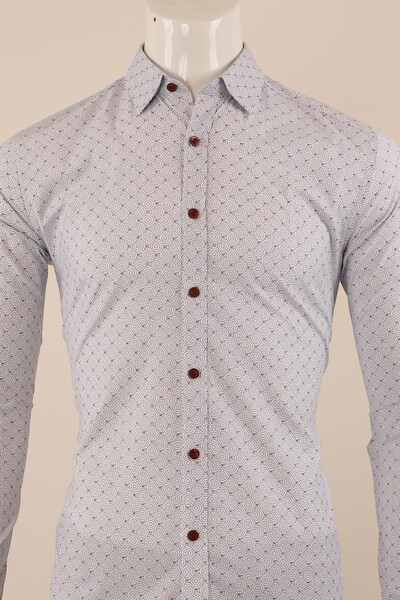 Uzun Kol Slim Fit Desenli Gömlek - Thumbnail