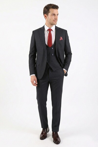 Yelekli Takım Elbise Erkek Slim Fit - Thumbnail
